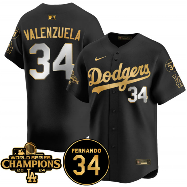 Men's Los Angeles Dodgers #34 Fernando Valenzuela Black/Gold 2024 World Series Champions & Fernando Memorial Patch Vapor Premier Limited Stitched Baseball Jersey Men's Los Angeles Dodgers #34 Fernando Valenzuela Black/Gold 2024 World Series Champions & Fernando Memorial Patch Vapor Premier Limited Stitched Baseball Jersey